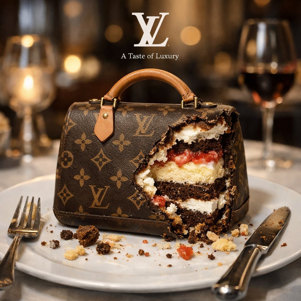 A handbag-shaped cake with exposed layers on a white plate beside a fork and knife.