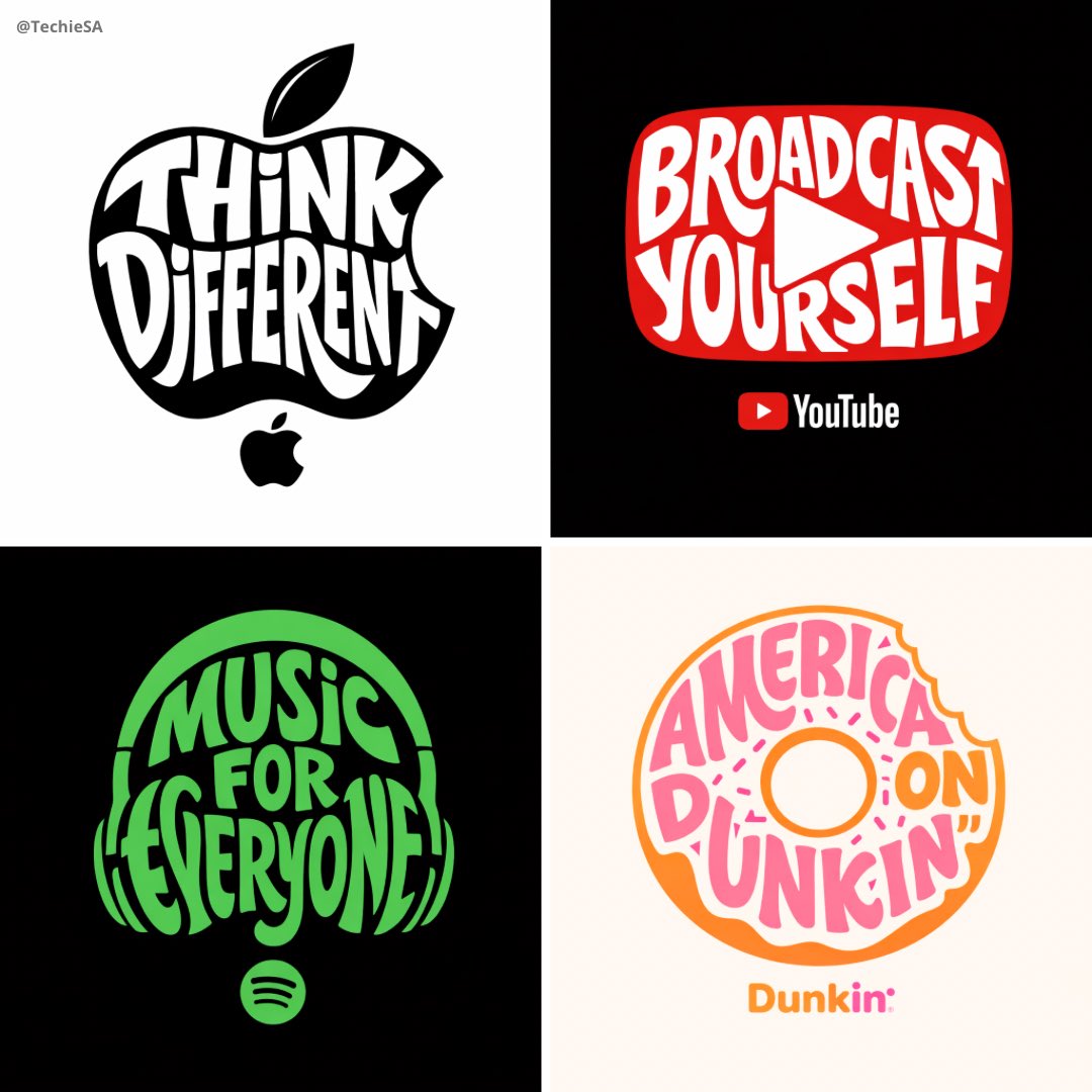 A four-panel set of colorful object-shaped typography designs on black and white backgrounds.