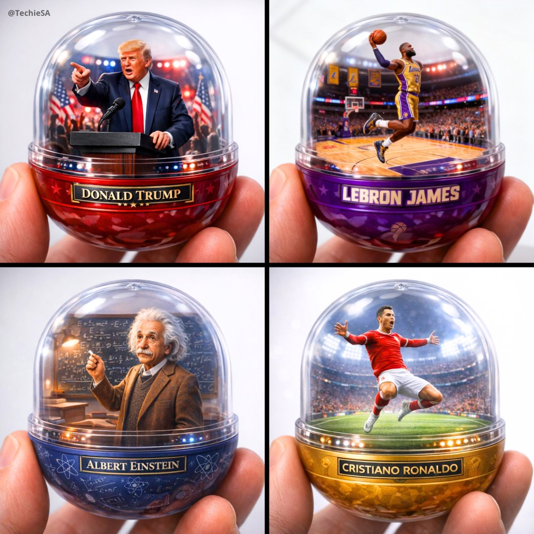 Four transparent capsule dioramas held between fingers, each containing a miniature figure scene.