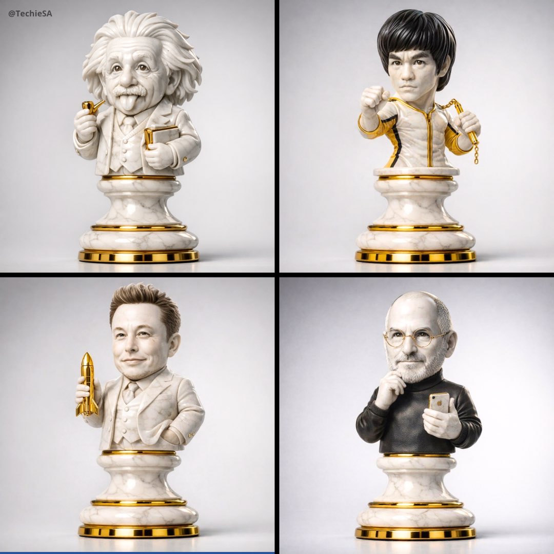 Four marble-and-gold chess-piece figurines styled as different iconic characters.