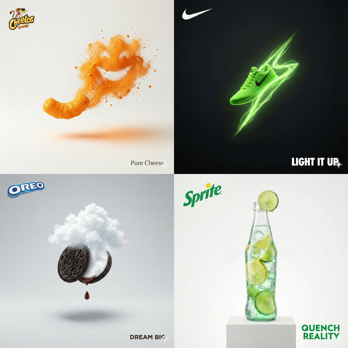 Four minimalist print ads with brand logos, hero objects, and short slogans.