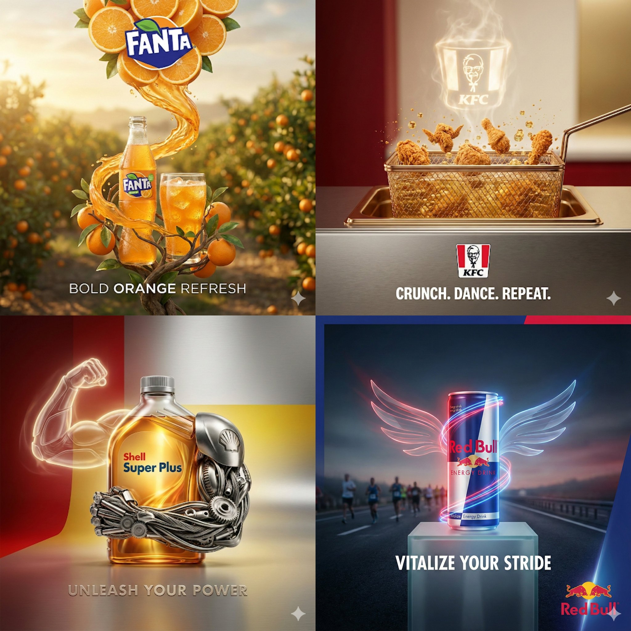 Grid of four surreal product ads featuring soda, fried chicken, motor oil, and an energy drink.