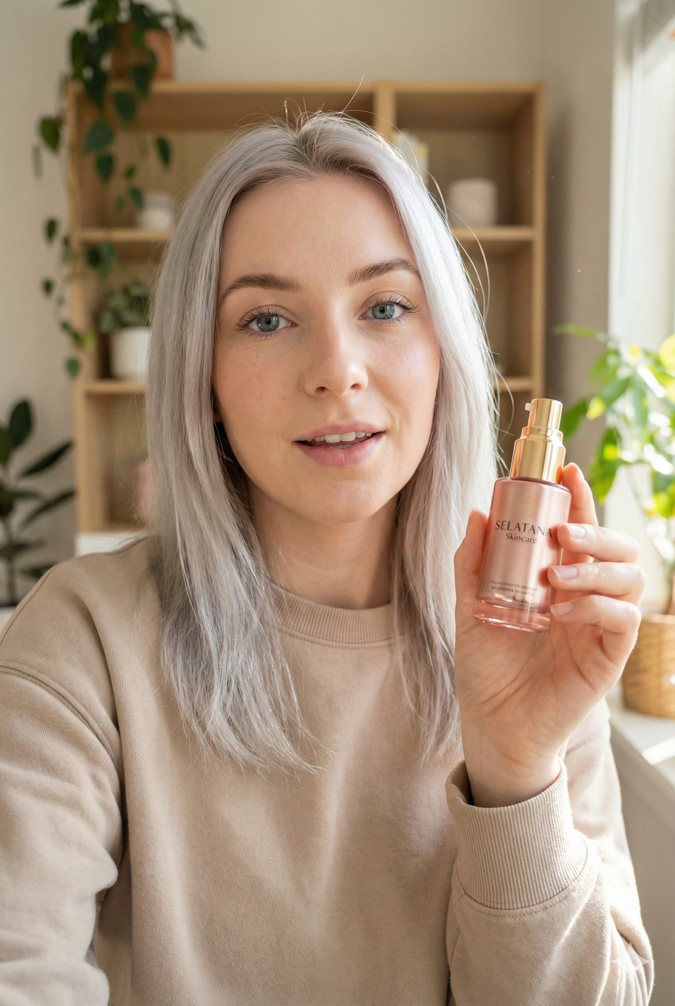 A silver-blonde woman in a beige sweatshirt holding a rose-gold skincare serum bottle indoors.