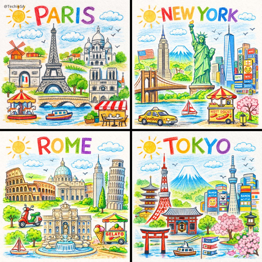 Four colorful crayon drawings of Paris, New York, Rome, and Tokyo arranged in a 2x2 collage.