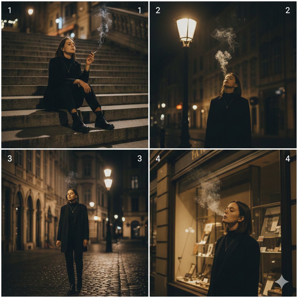 Four-panel collage of a woman in black clothing smoking on a dimly lit city walk.