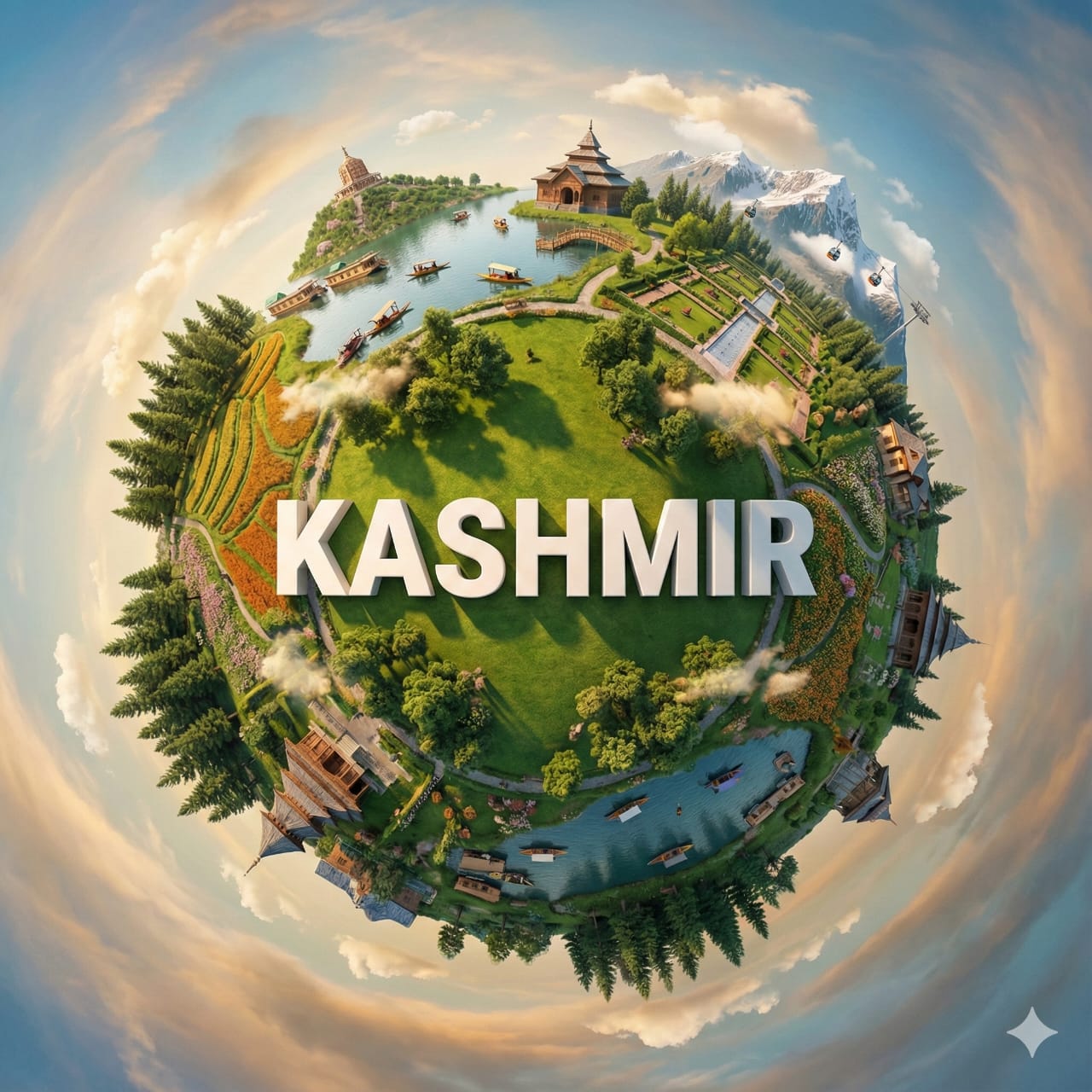 A tiny spherical Kashmir landscape with lakes, mountains, and large white 3D text.