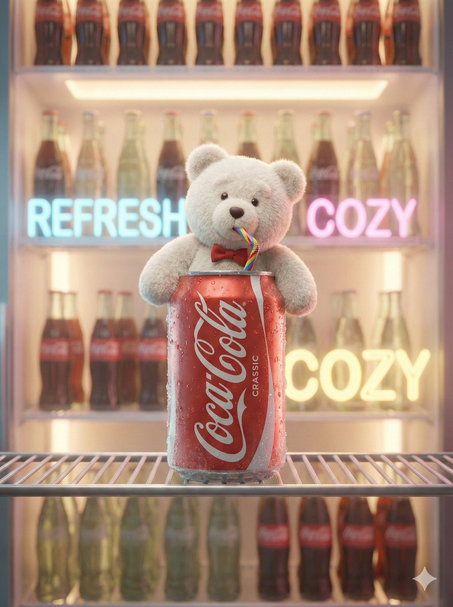 Fluffy white teddy bear sitting in a frosty Coca-Cola can inside a glowing fridge.