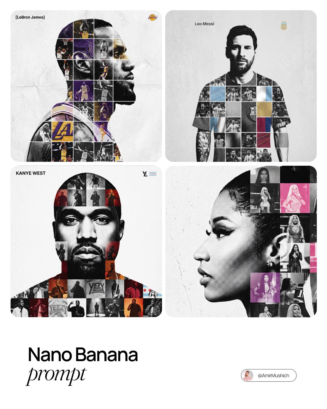 A four-panel collage of monochrome tribute posters with portrait silhouettes filled with photo mosaics.