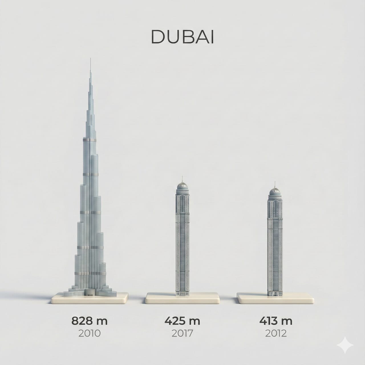 A minimalist infographic shows three Dubai towers on bases with their heights and years below.
