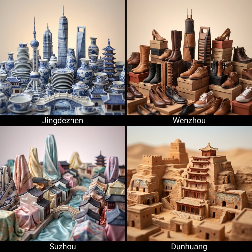 Four-panel miniature cityscape grid labeled Jingdezhen, Wenzhou, Suzhou, and Dunhuang