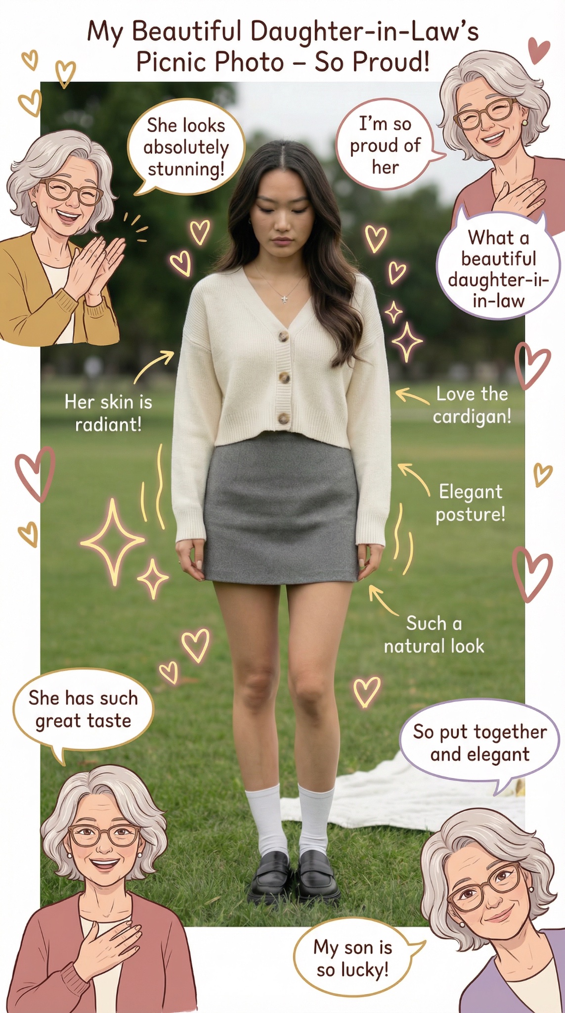 Annotated full-body portrait poster with heart doodles and smiling older woman illustrations praising the subject.