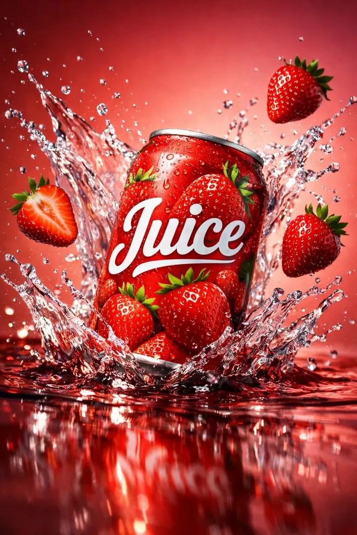Red strawberry juice can splashing liquid with whole and sliced strawberries on a pink background.
