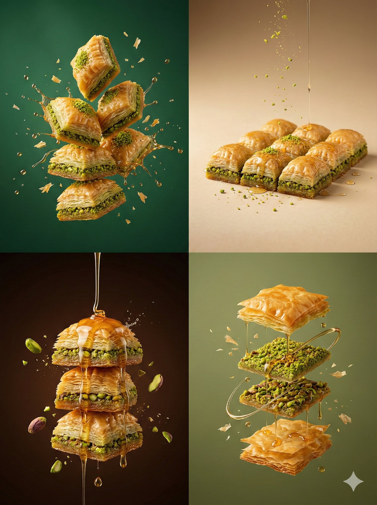 Four commercial food photos show pistachio baklava pieces with syrup pours and floating crumbs on different backgrounds.