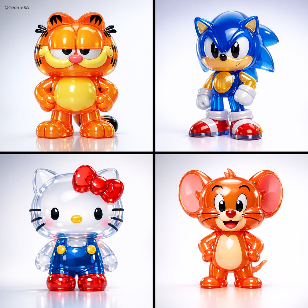 Four glossy translucent vinyl cartoon collectible figures on white studio backgrounds.