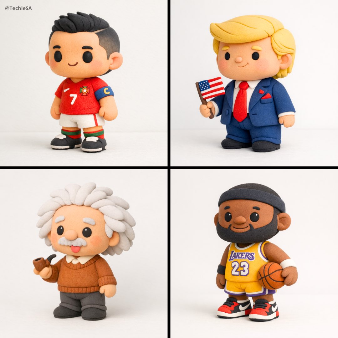 Four cute polymer clay figurines shown in separate panels on a light background.