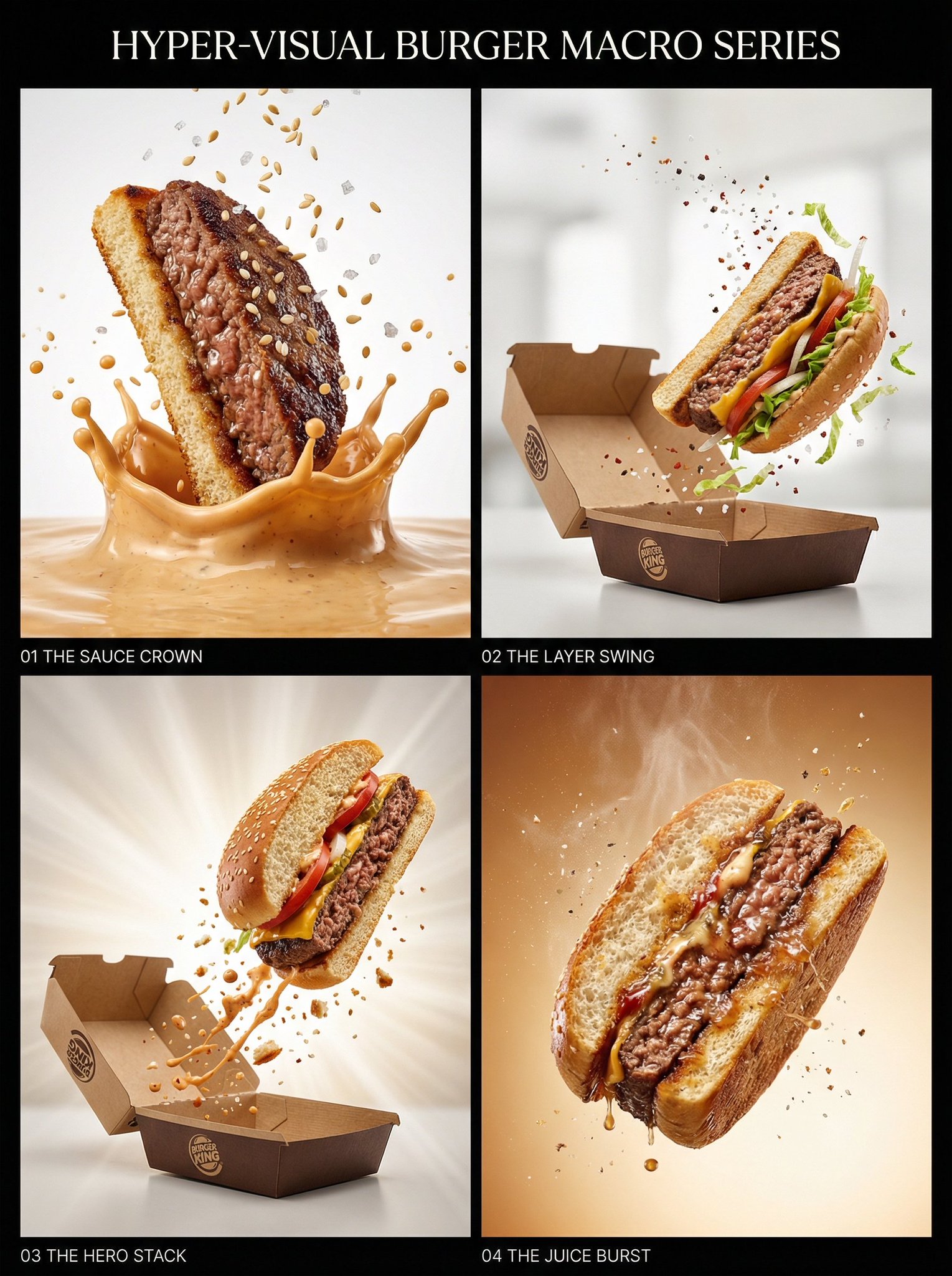 Two-panel burger macro ad showing a sauce splash and a burger above an open box.