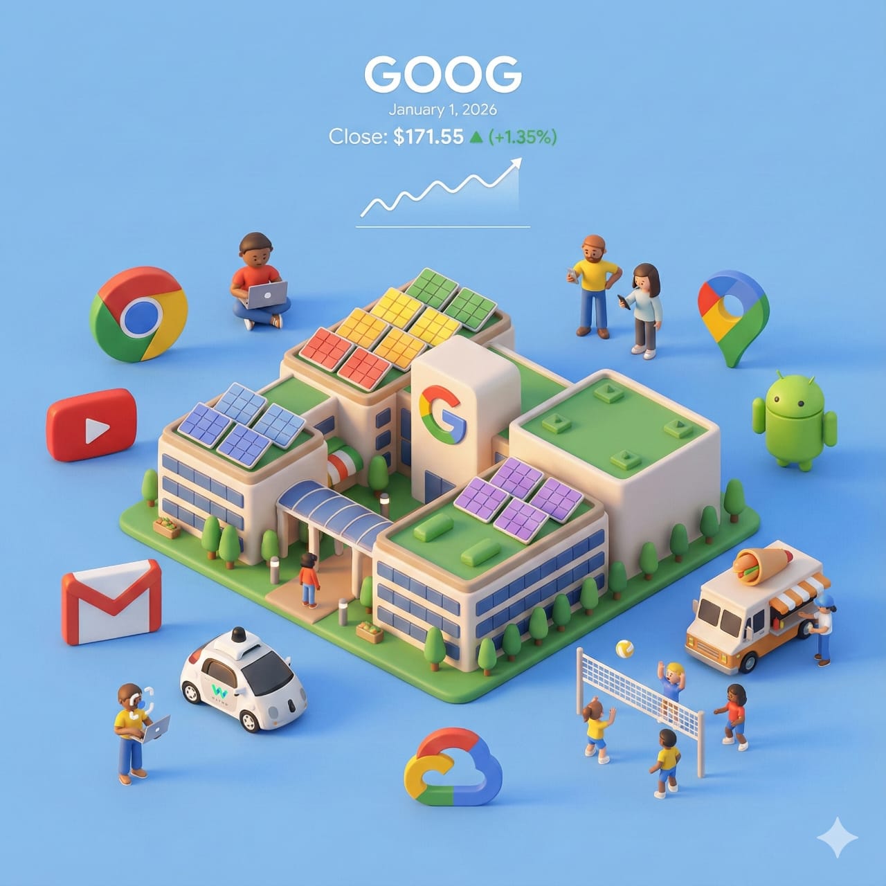 3D Google campus diorama with brand icons, small figures, and stock data text above.