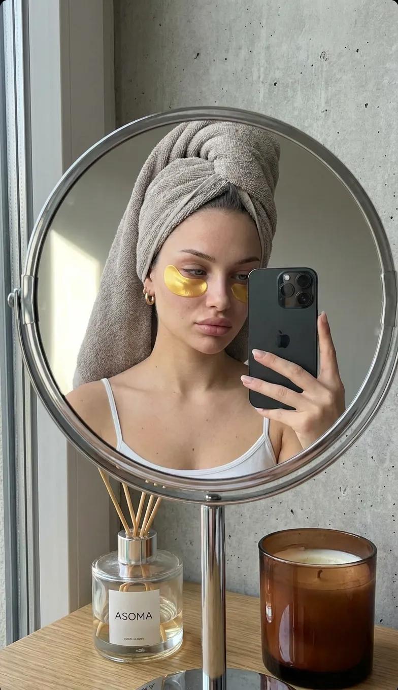 Woman taking a mirror selfie with gold eye patches, a towel turban, and a phone in front of a round mirror.