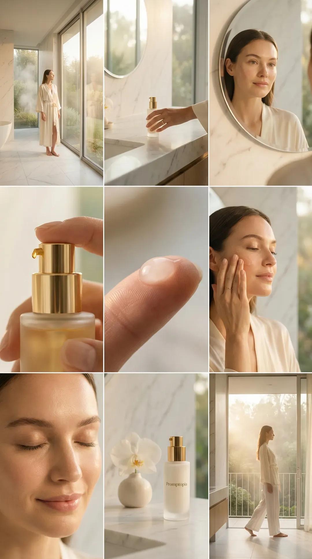 Nine-panel skincare collage showing a woman, serum bottle, fingertip droplet, and orchid in a bright marble bathroom.