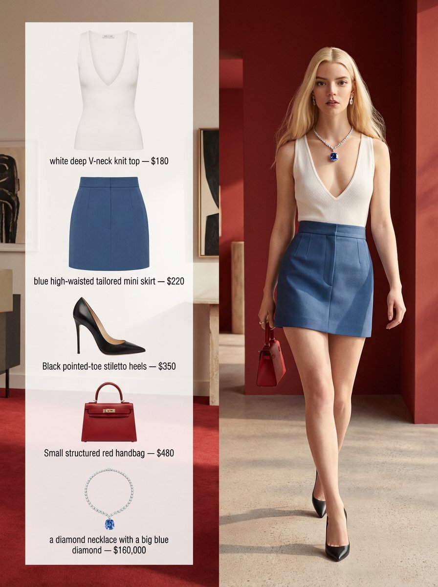 Split fashion editorial with clothing items listed on the left and a model in blue skirt on the right.
