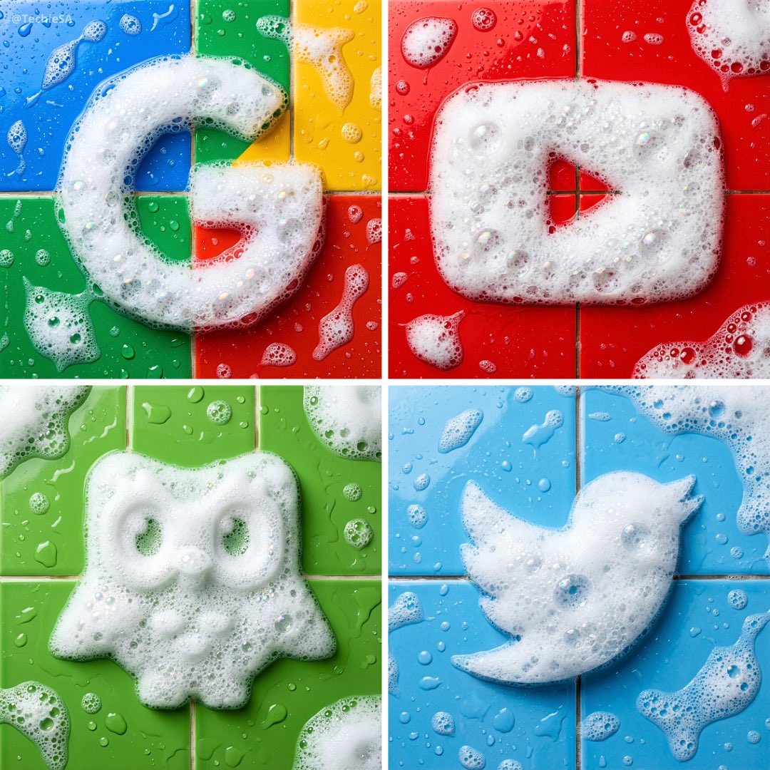 Four colored tile panels each showing a different logo shape made from white soap foam.