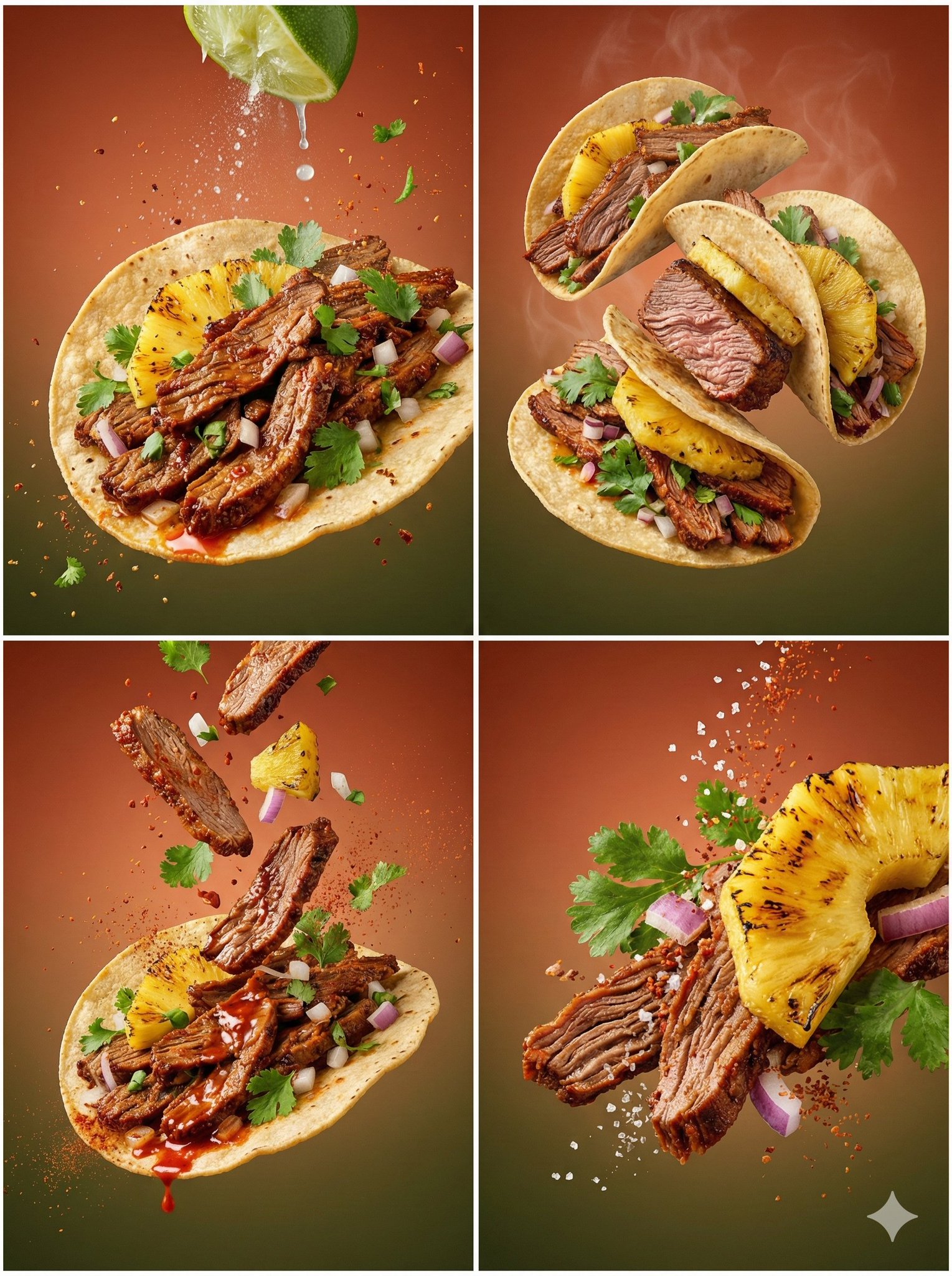 A four-panel food ad showing tacos with grilled beef, pineapple, and herbs on warm backgrounds.