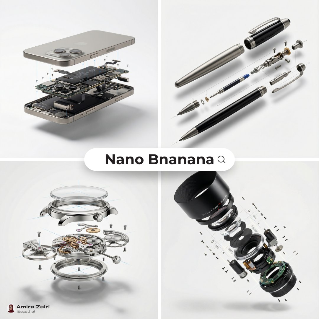 A four-panel collage shows exploded views of a phone, pen, watch, and lens on white backgrounds.