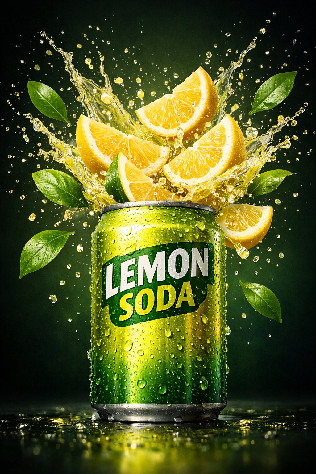 A green lemon soda can surrounded by flying lemon wedges and splashing juice.