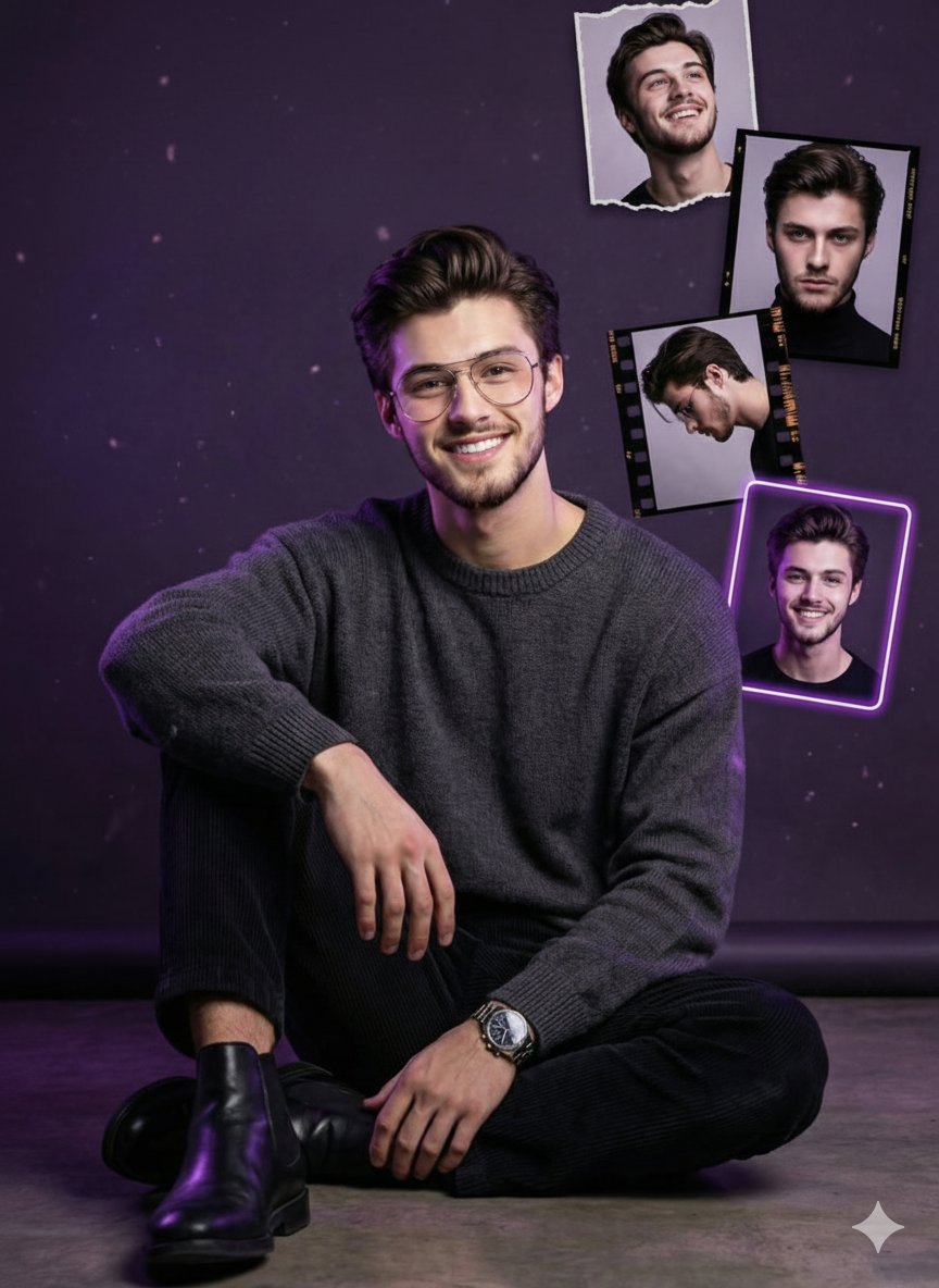 A smiling man seated against a purple background with floating portrait frames and neon birthday text.