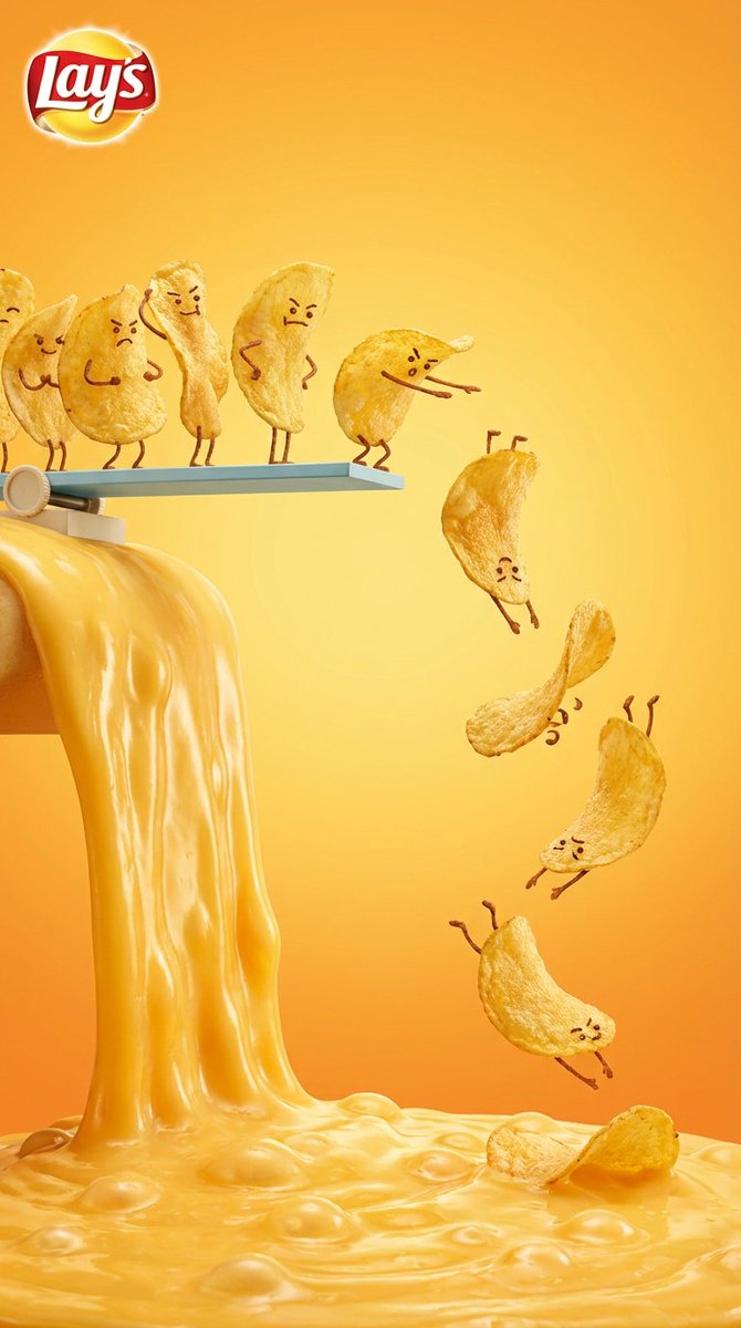Animated potato chips dive over a pool of melted cheese on a yellow background.