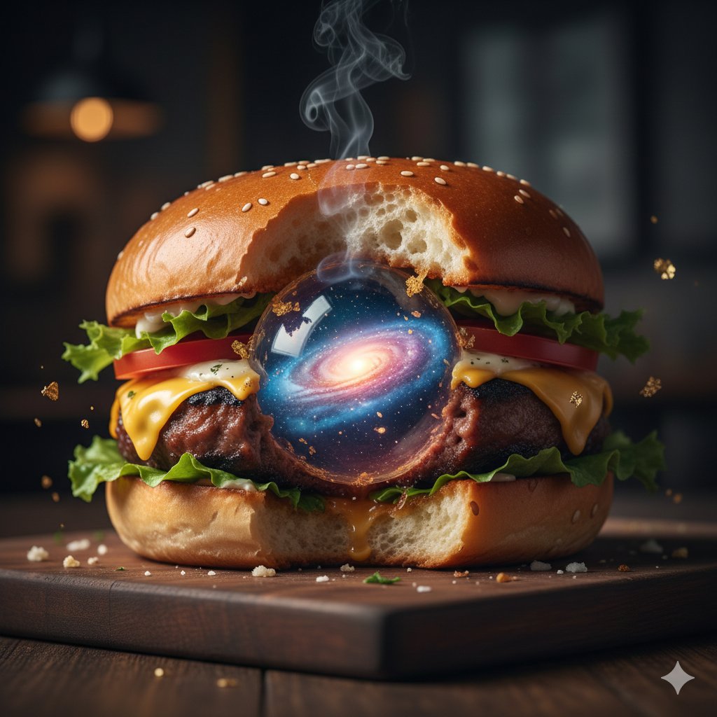 Close-up burger with a bitten bun and a glowing galaxy-like core in the center