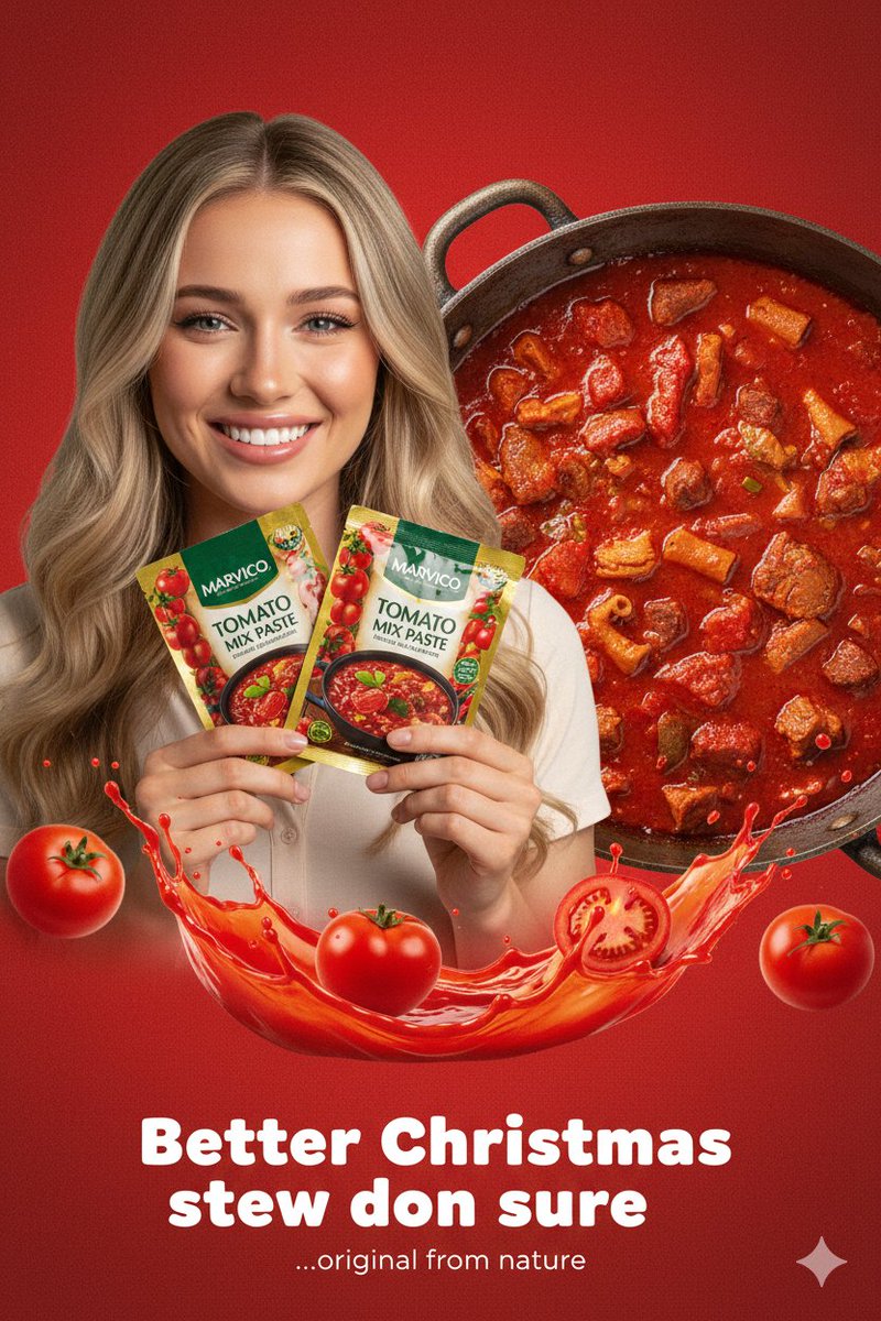 Woman holding two tomato paste sachets beside a pot of red stew.
