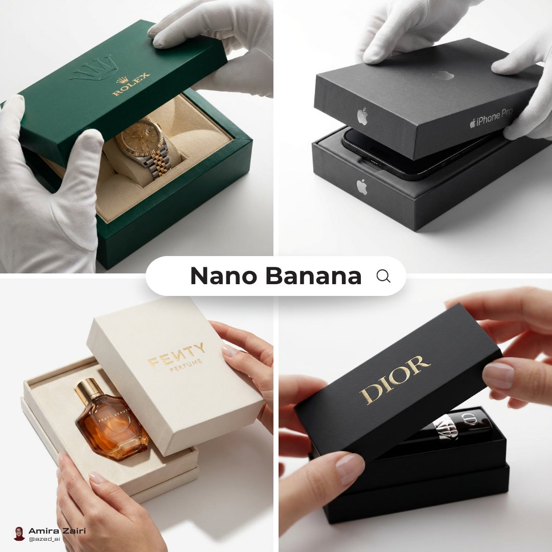 White-gloved hands opening a green watch box to reveal a gold and silver wristwatch.