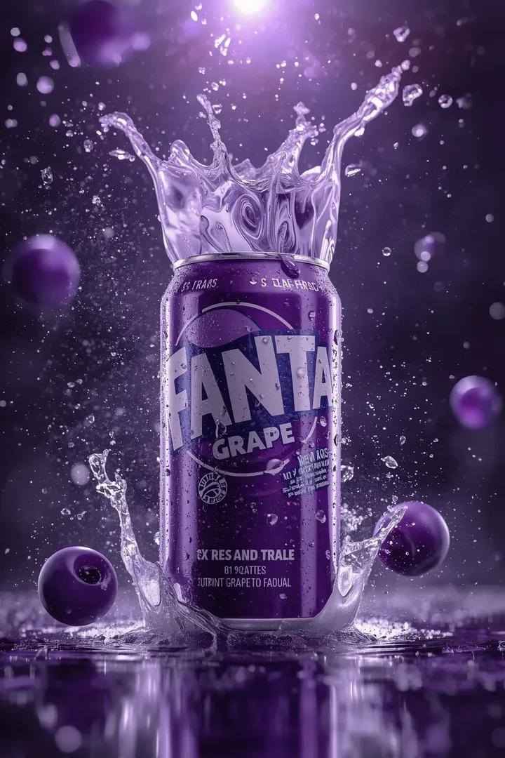 Purple soda can with a dramatic frozen splash and floating berries