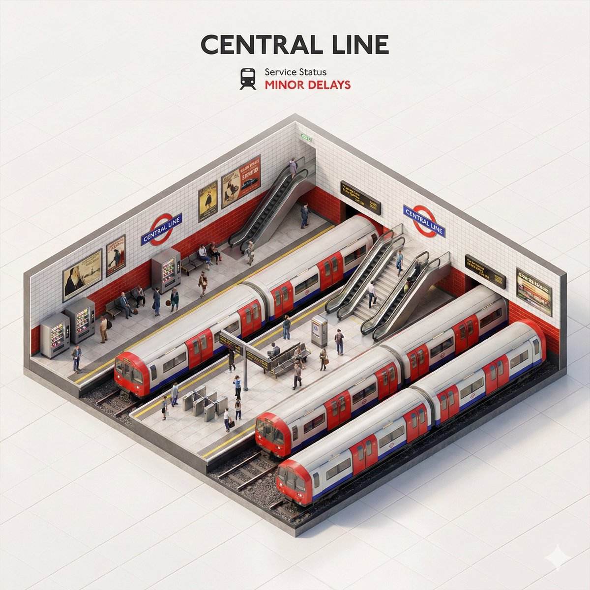 Miniature subway station diorama with trains, platforms, and delay status text.