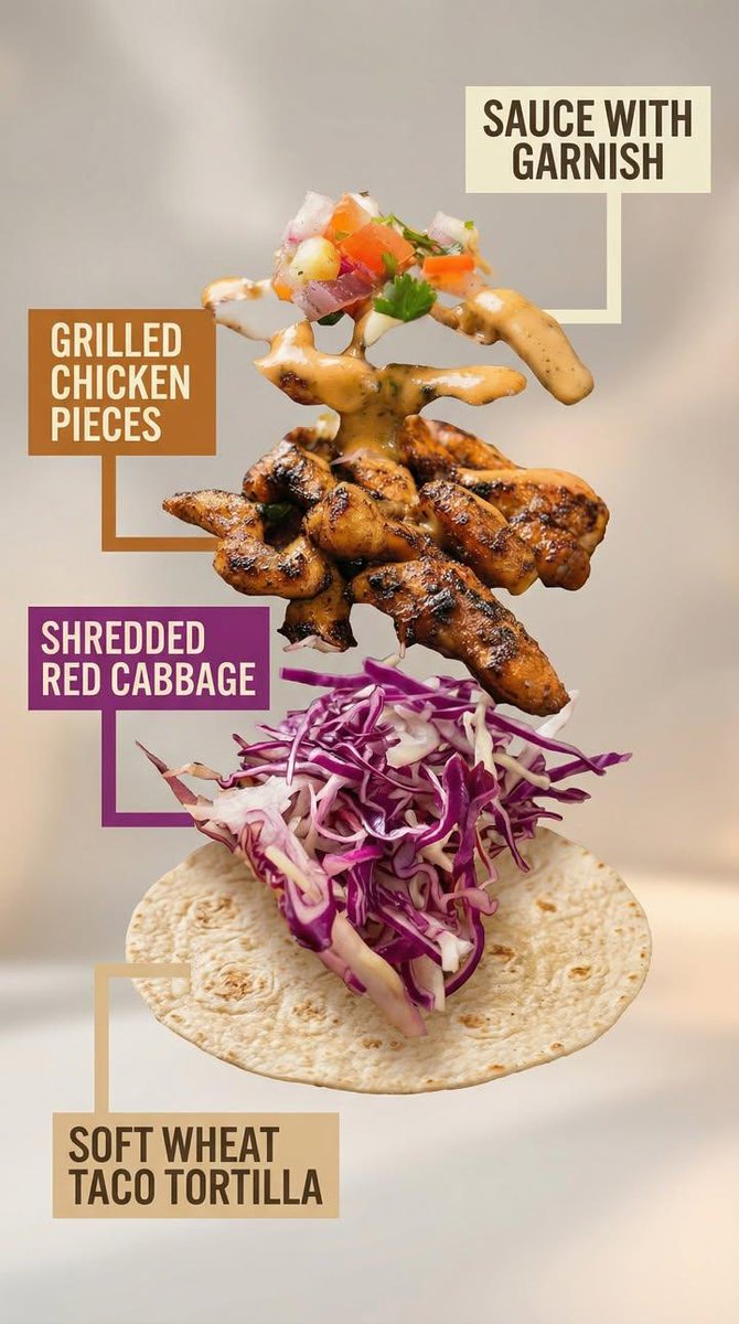 Exploded taco with tortilla, red cabbage, grilled chicken, and sauce labeled in colored text boxes.