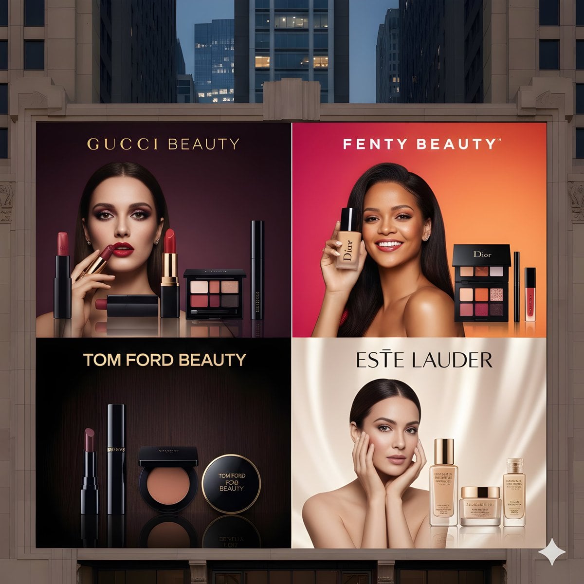 A four-panel cosmetics billboard with luxury beauty branding and makeup products.