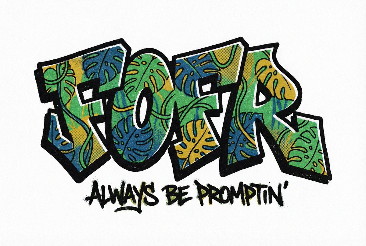 Colorful graffiti wordmark with leaf patterns and a handwritten slogan on white paper.