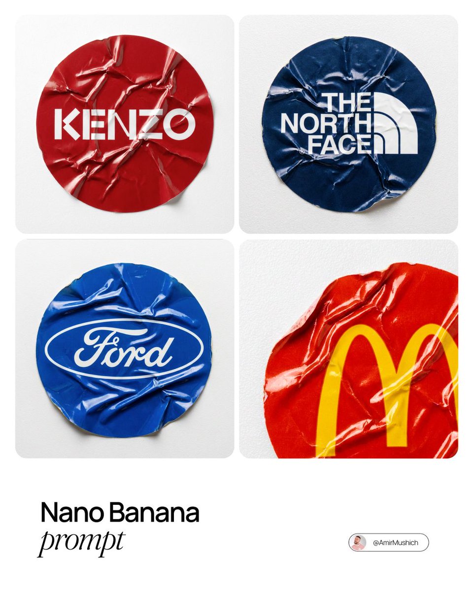 Four crumpled circular logo stickers on white backgrounds, including red, blue, and partial yellow designs.