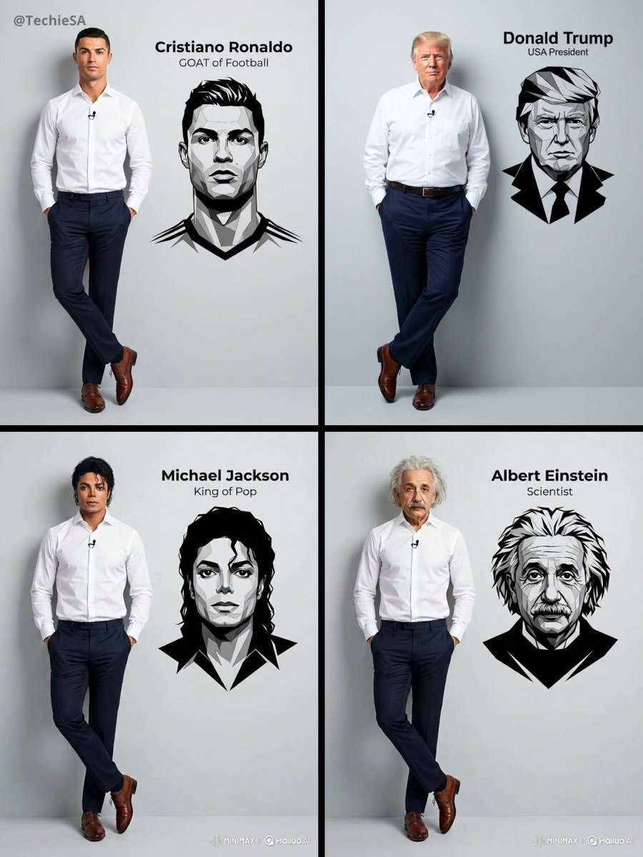 Full-body studio portrait beside a black-and-white geometric face illustration and name text.