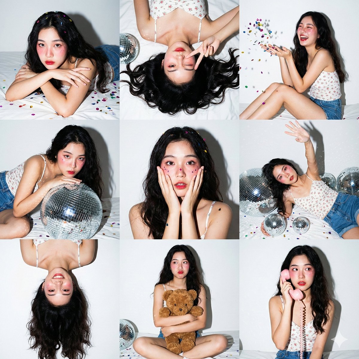 Nine-panel flash photo collage of a woman on a bed with disco balls and confetti.