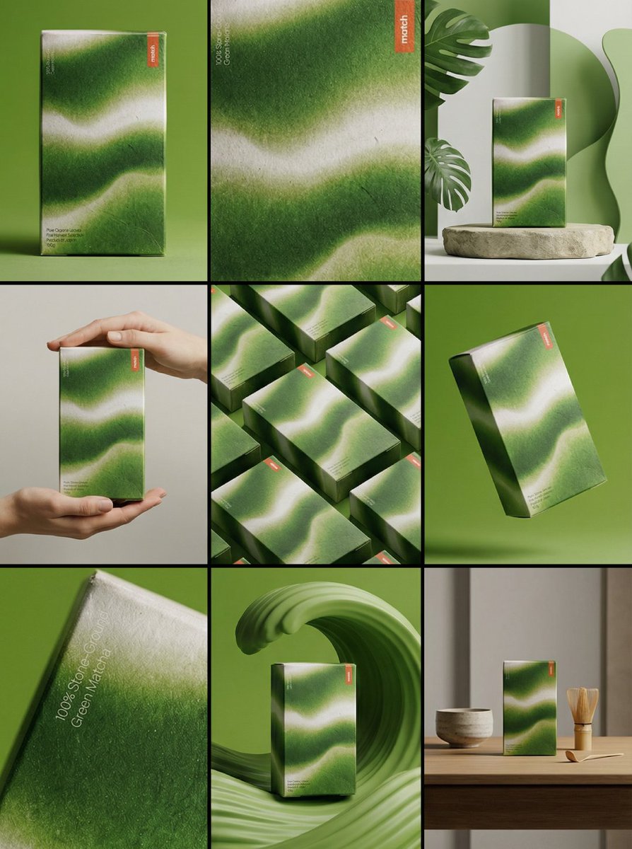 A nine-panel grid shows a green matcha box in studio, lifestyle and floating compositions.