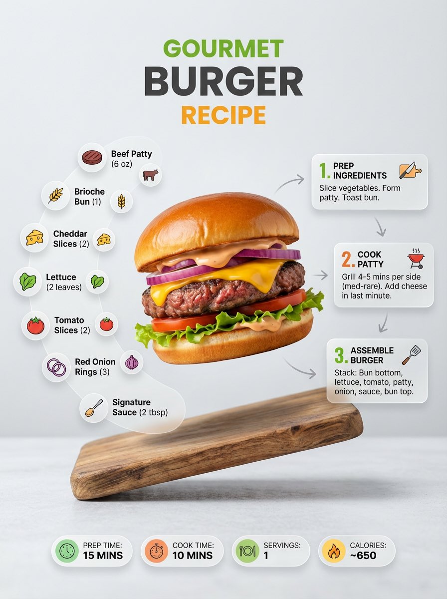 A burger recipe infographic with ingredients, steps, and prep time badges.