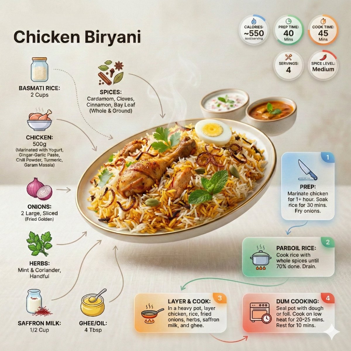 A chicken biryani infographic with ingredients, step boxes, and cooking badges.