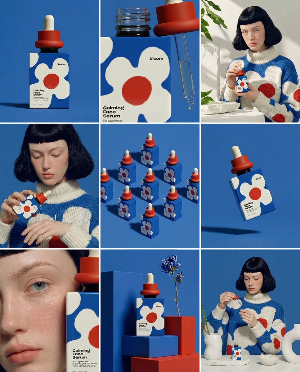 Nine-panel grid showing a blue skincare serum bottle in studio shots, close-ups, and styled model scenes.
