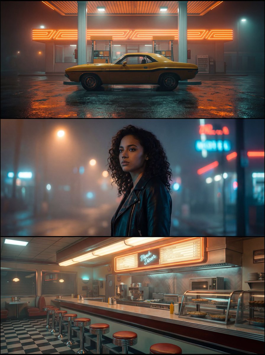 A vertical three-panel collage showing a neon-lit car, a foggy portrait, and a diner interior.