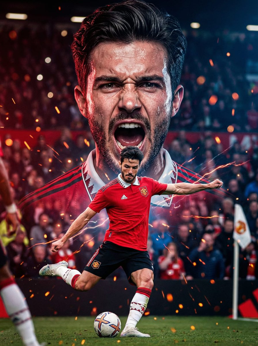 Football poster showing a Manchester United player kicking the ball with a giant shouting portrait behind him.
