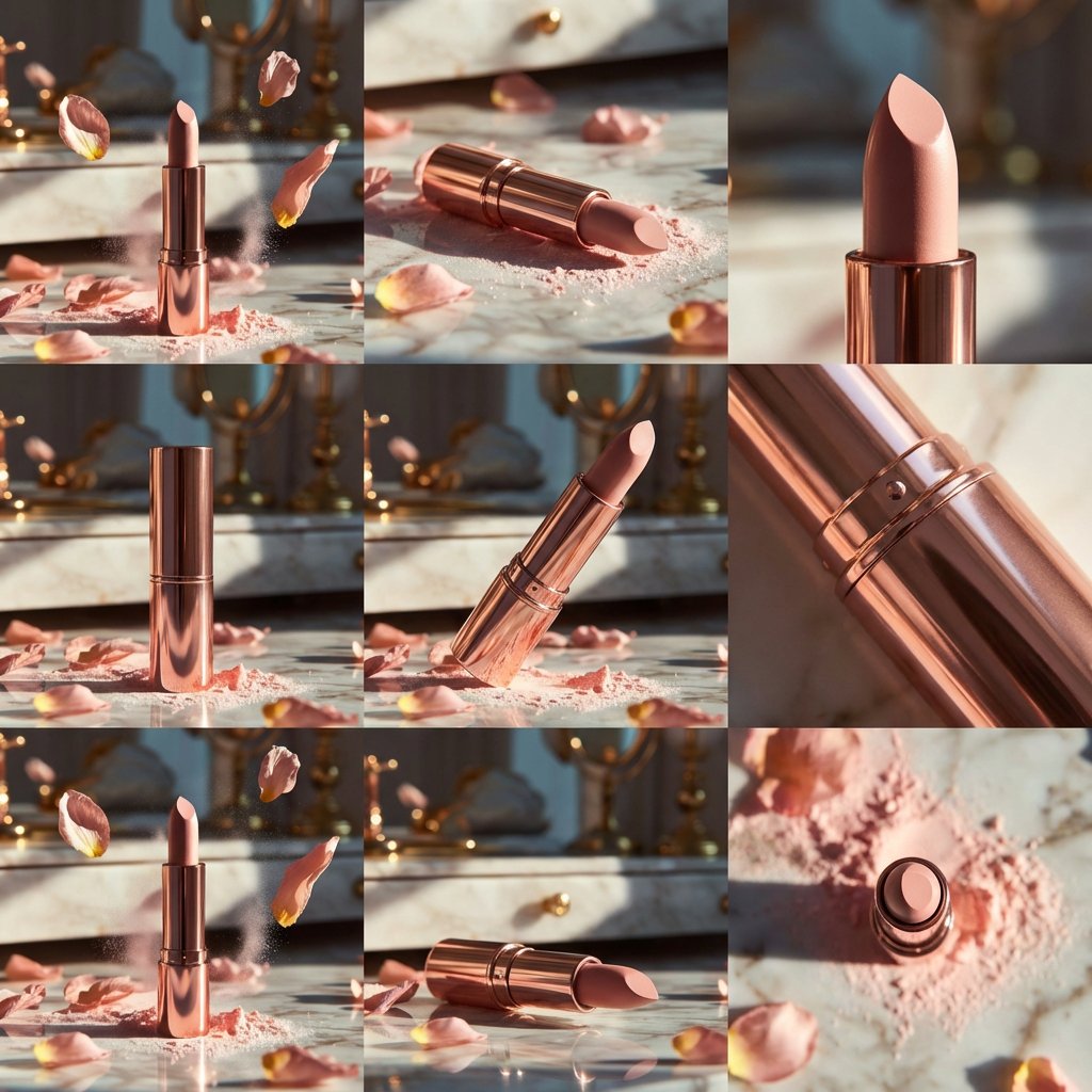A nine-panel grid shows a rose-gold lipstick on marble with petals and warm studio light.