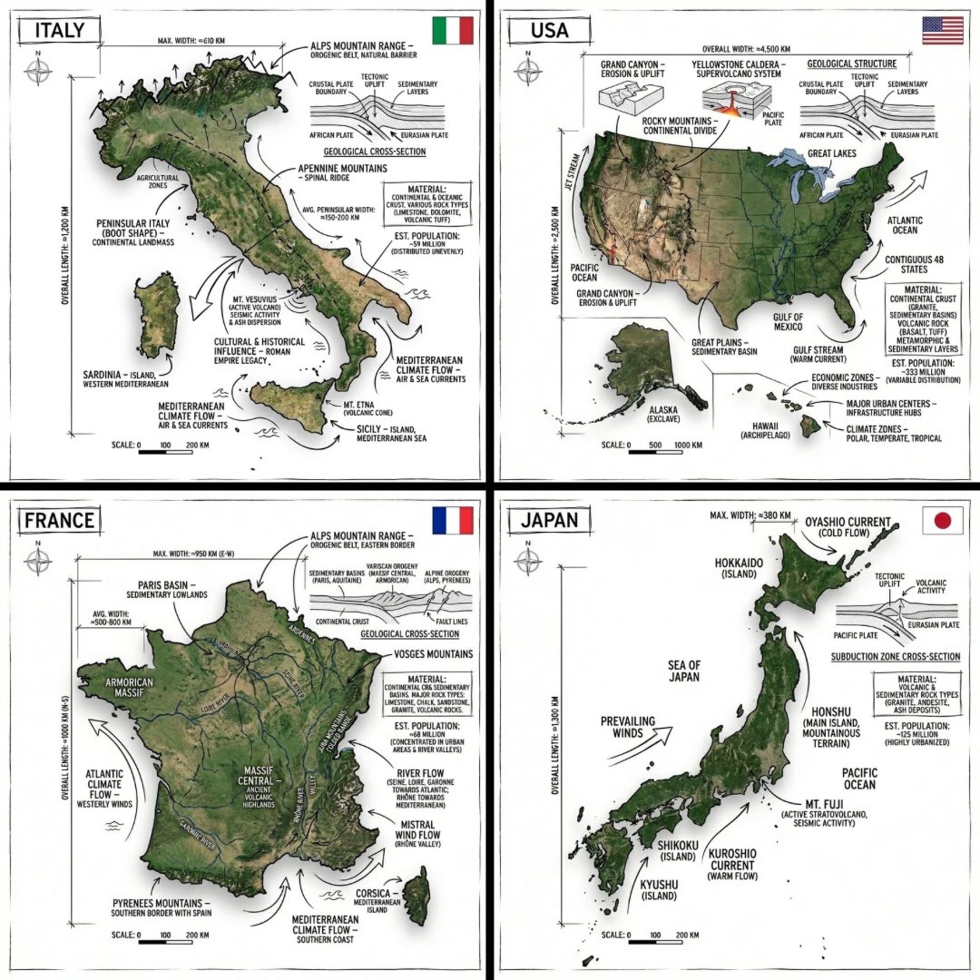 A four-panel infographic poster showing Italy, the USA, France, and Japan as annotated maps.