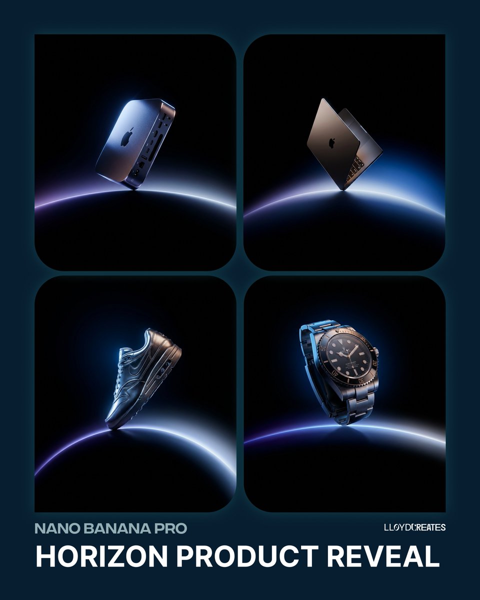A four-panel poster showing a phone, laptop, sneaker, and watch posed above glowing horizon arcs.